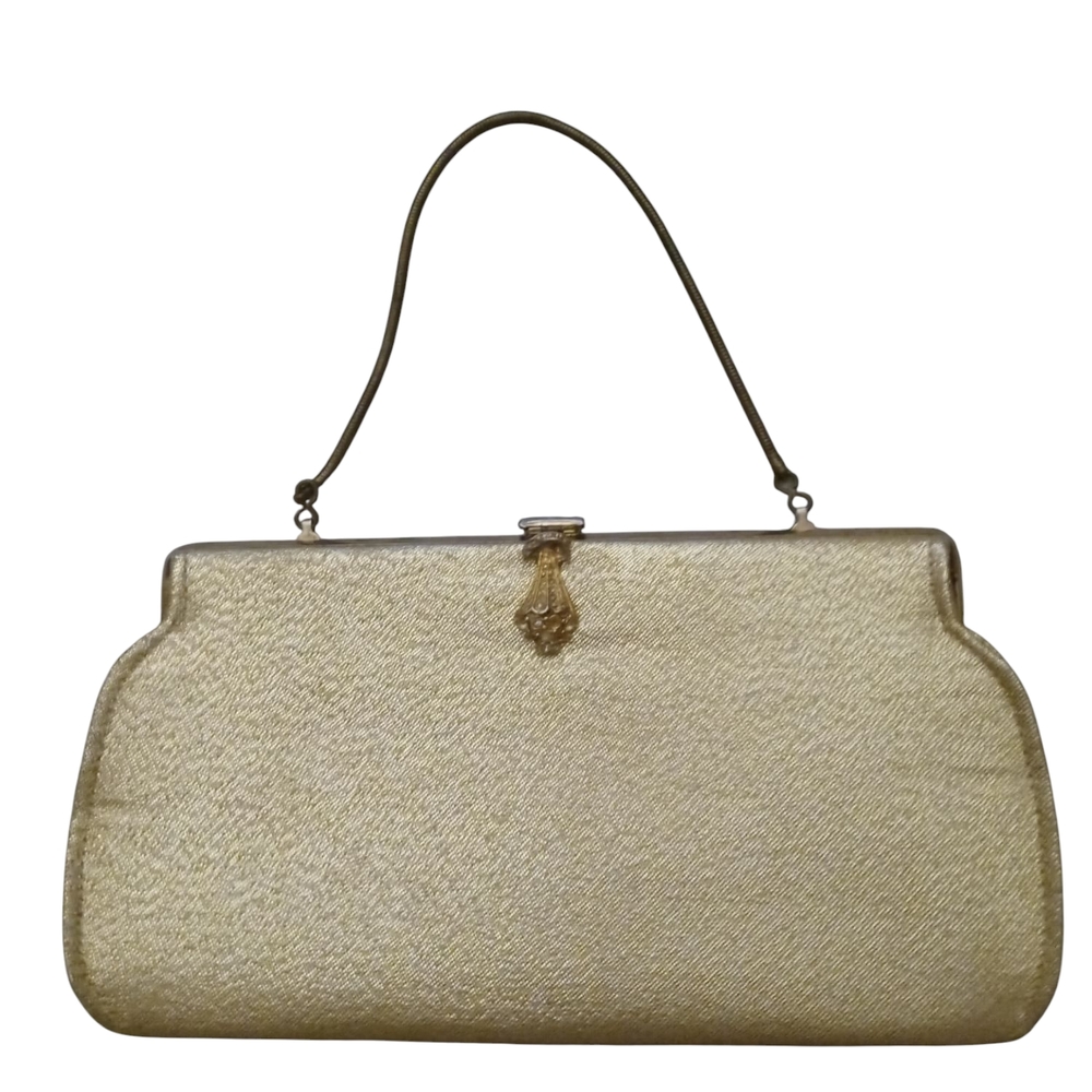 Elegant Gold Clutch with Decorative Clasp and Textured Finish